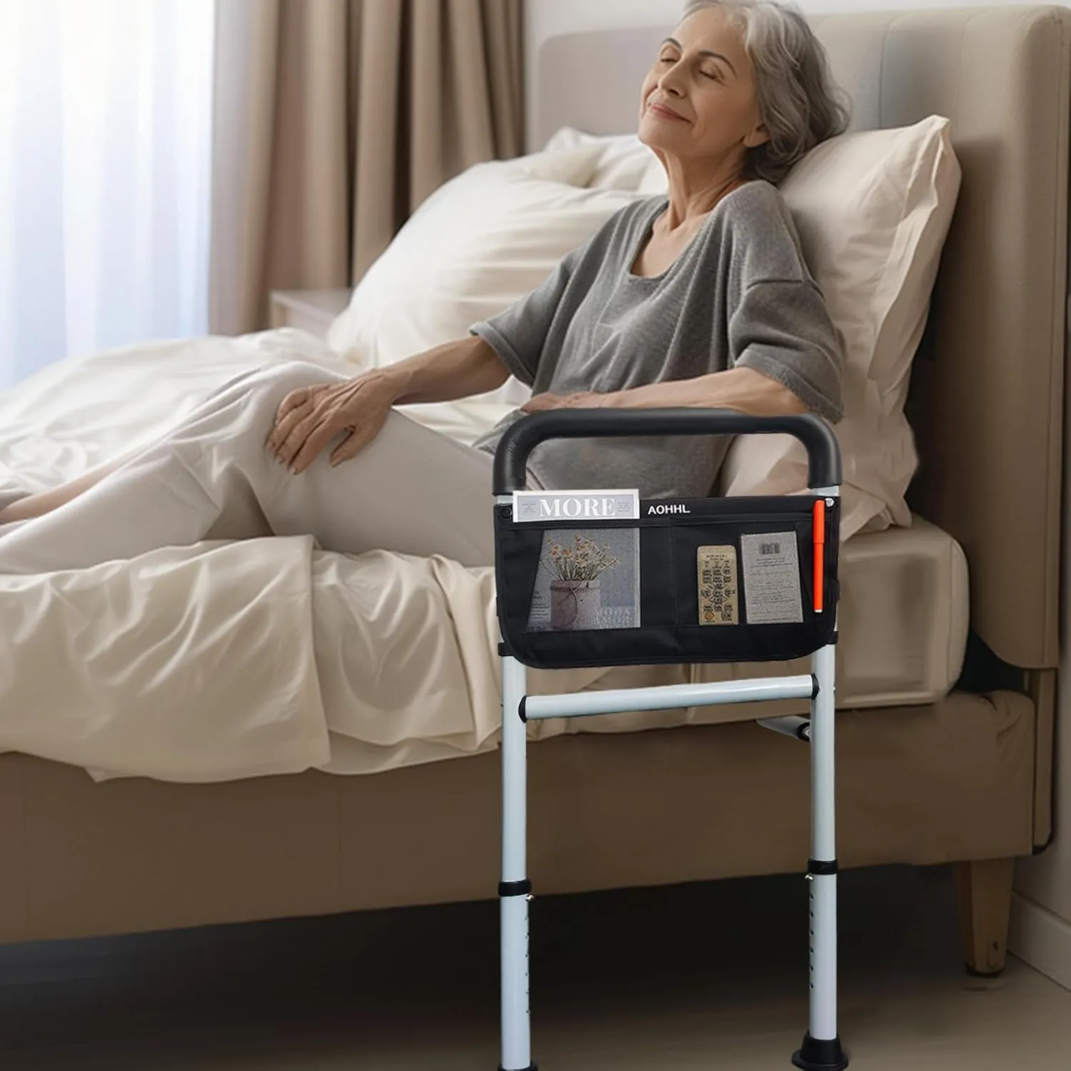 Bed Rails for Elderly Adults Safety with Adjustable Heights Storage Pocket Assist Support Side Railings for Seniors Citizens Slides Under Mattressbed Cane Medical Bed Guard Bed Handles Bars(Grey)