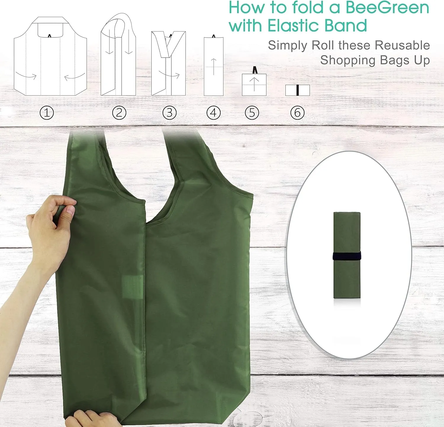 BeeGreen Moss Green Reusable Grocery Bags with Elastic Band Reusable Shopping Bags Bulk 50LBS X-Large Foldable-Machine Washable-Heavy Duty 20 Pieces