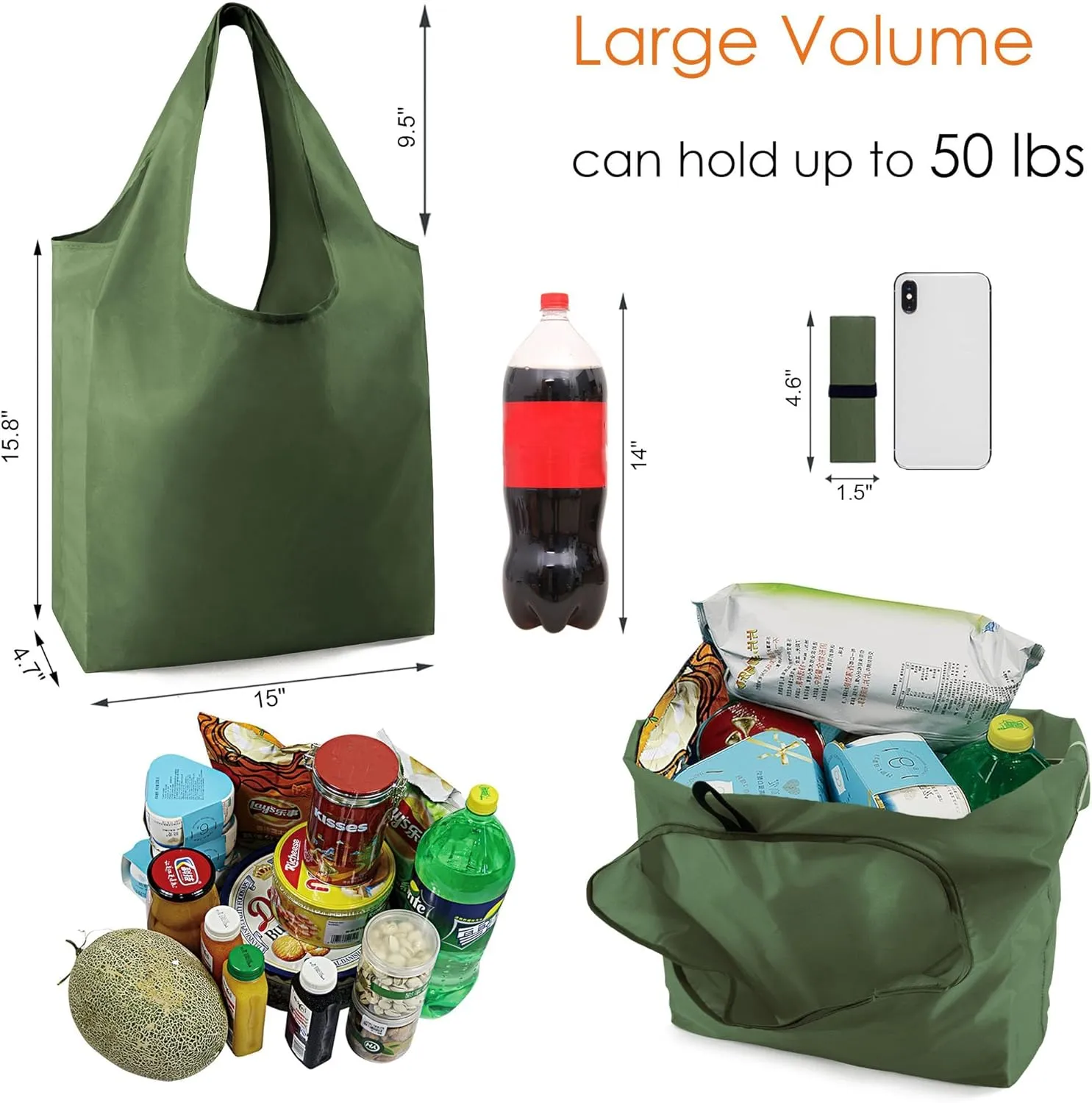 BeeGreen Moss Green Reusable Grocery Bags with Elastic Band Reusable Shopping Bags Bulk 50LBS X-Large Foldable-Machine Washable-Heavy Duty 20 Pieces