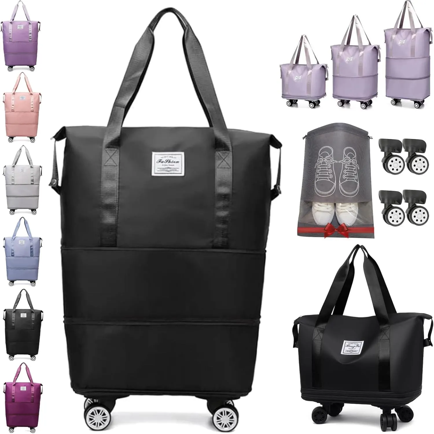 Beente Travel Bag with Wheels, Kulken Travel Bag with Shoe Organizer, 2025 New Large Capacity Travel Bags - Universal Wheel Removable (Black)