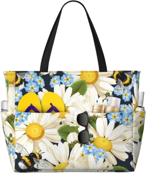 Bees Collecting Nectar Large Beach Tote Bag for Women Extra Large Capacity Waterproof Sandproof Pool Bag Suitable for Gym Swimming Pool Travel Groceries