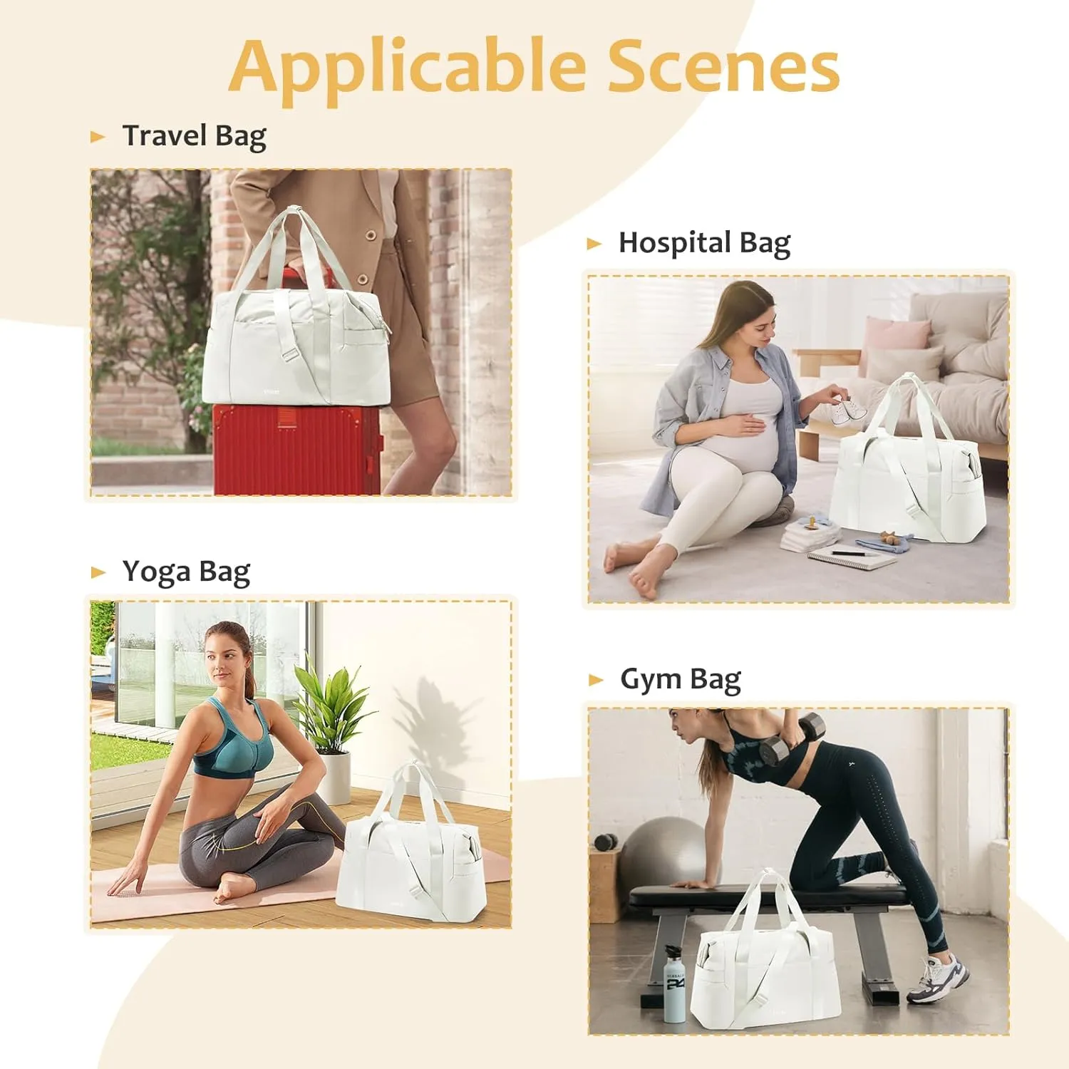 Beige Gym Tote Bag for Women & Men - Sports Duffle Bag with Wet Pocket for Travel & Workout
