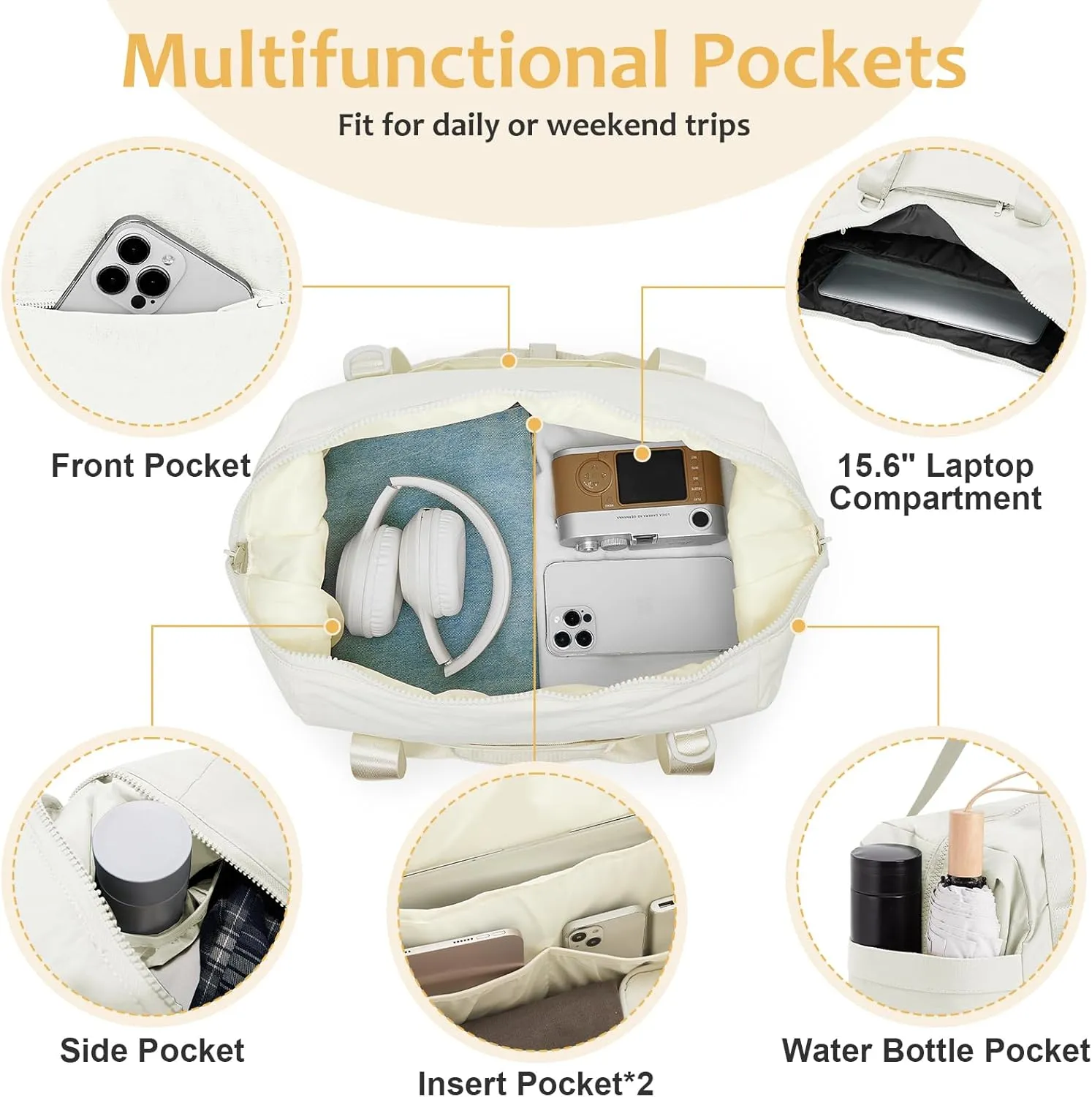 Beige Gym Tote Bag for Women & Men - Sports Duffle Bag with Wet Pocket for Travel & Workout