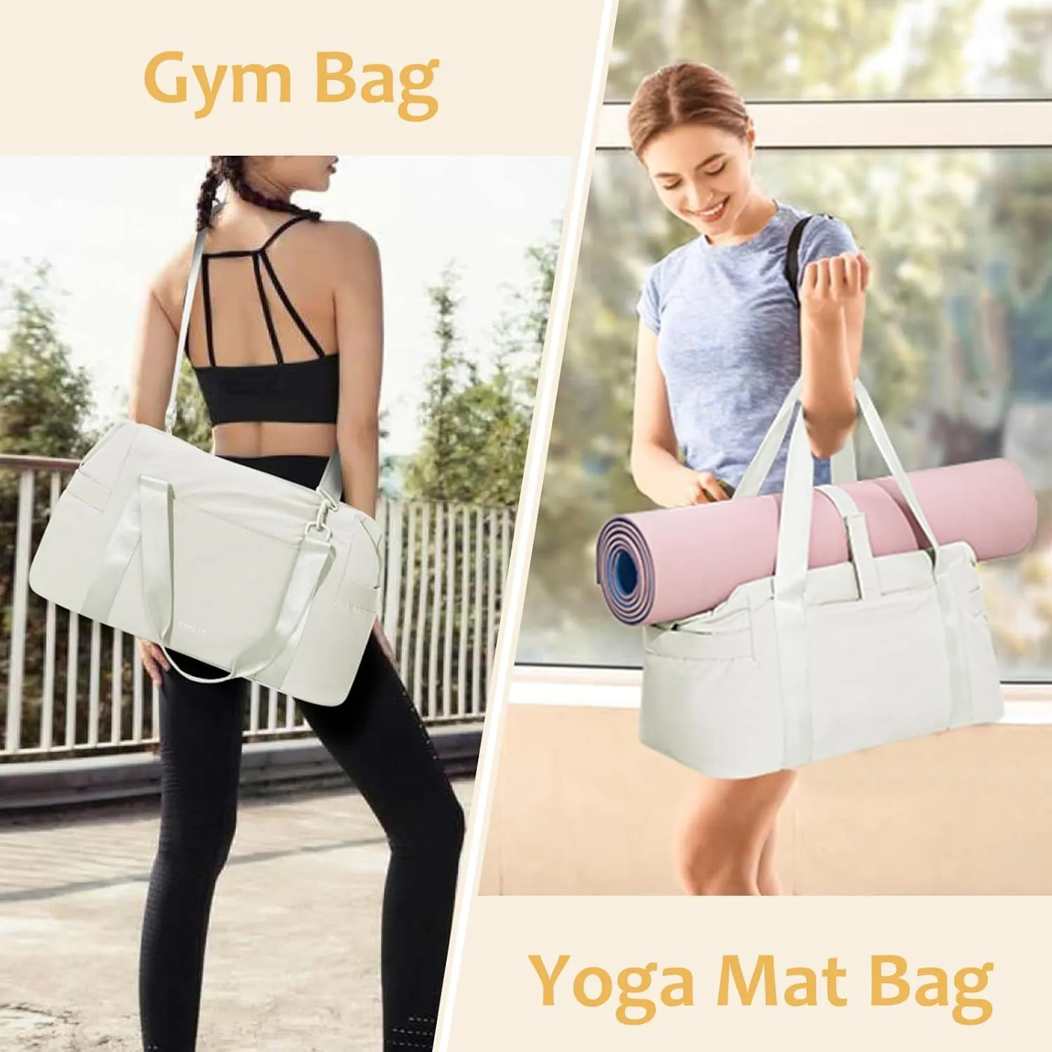 Beige Gym Tote Bag for Women & Men - Sports Duffle Bag with Wet Pocket for Travel & Workout