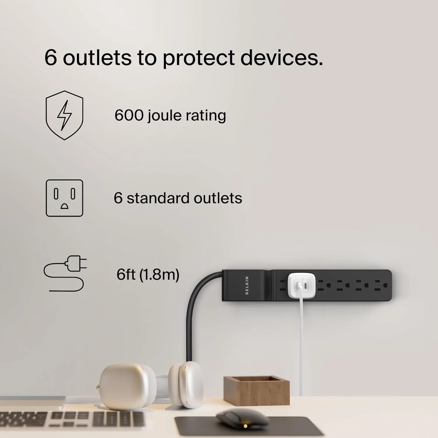 Belkin Surge Protector Power Strip with 6 AC Outlets, 6ft/1.8M Long Heavy-Duty Extension Cord, & 360-Degree Rotating AC Plug for Conference Rooms, Computer Desktops, & More - 600 Joules of Protection