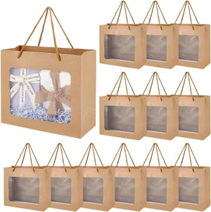 BENECREAT 16pcs Gift Bags with Transparent Window, Kraft Paper Shopping Bags with Handle for Birthday Wedding Party Florist Packing, 7.91x7.09x3.19 Inch