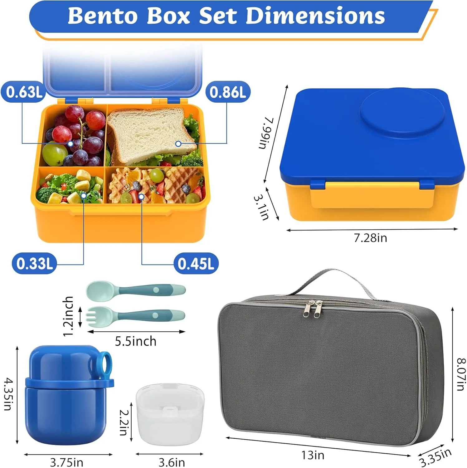 Bento Lunch Box for Kids with 12oz Soup Thermo, Leak-Proof Lunch Containers with 5 Compartments, Insulated Lunch Bag, Thermo Hot Food Jar with Spoon for Kids to School, Travel, Blue