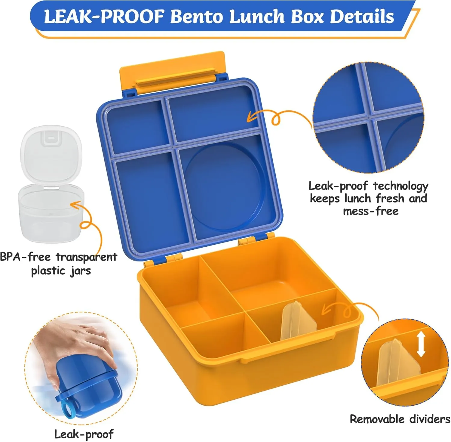 Bento Lunch Box for Kids with 12oz Soup Thermo, Leak-Proof Lunch Containers with 5 Compartments, Insulated Lunch Bag, Thermo Hot Food Jar with Spoon for Kids to School, Travel, Blue
