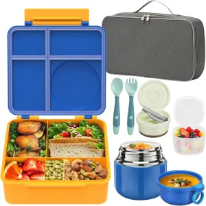 Bento Lunch Box for Kids with 12oz Soup Thermo, Leak-Proof Lunch Containers with 5 Compartments, Insulated Lunch Bag, Thermo Hot Food Jar with Spoon for Kids to School, Travel, Blue