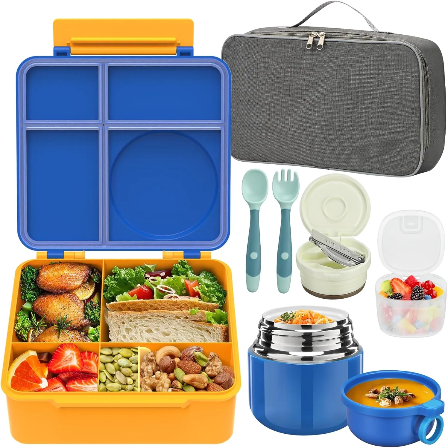 Bento Lunch Box for Kids with 12oz Soup Thermo, Leak-Proof Lunch Containers with 5 Compartments, Insulated Lunch Bag, Thermo Hot Food Jar with Spoon for Kids to School, Travel, Blue