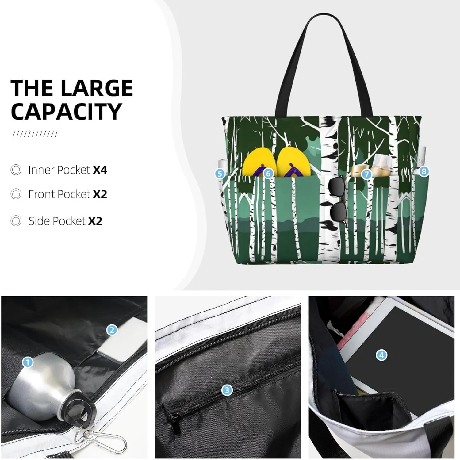 Birch Trees Large Capacity Foldable Tote Bag Women Beach Tote Bag Handbag Gym Bag Travel Shopping Bag