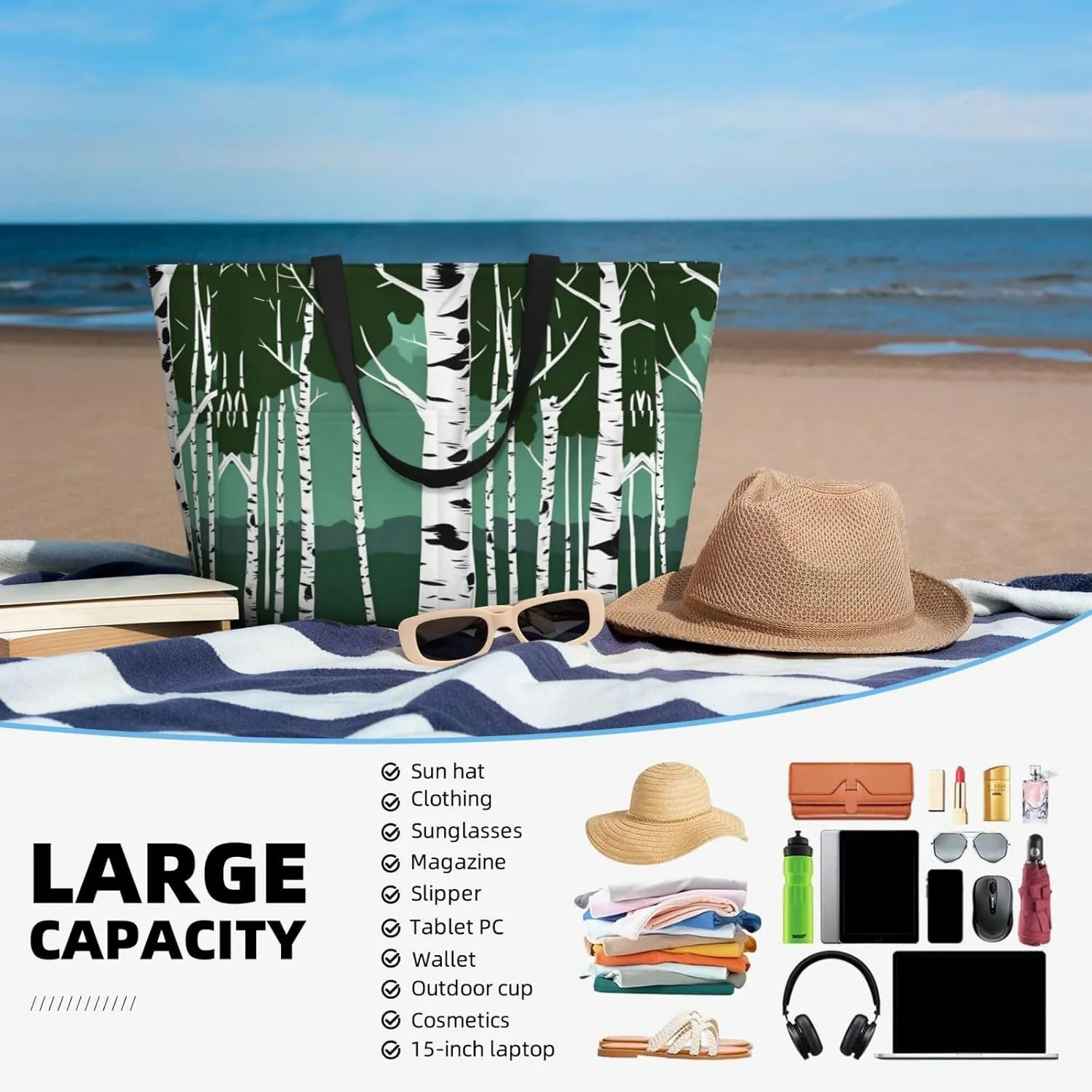 Birch Trees Large Capacity Foldable Tote Bag Women Beach Tote Bag Handbag Gym Bag Travel Shopping Bag