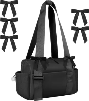 Black Bows Mini Gym Bag for Women Coquette Small Gym Tote Mini Duffle Bag with 5 Pcs Bows for Travel Weekender Yoga