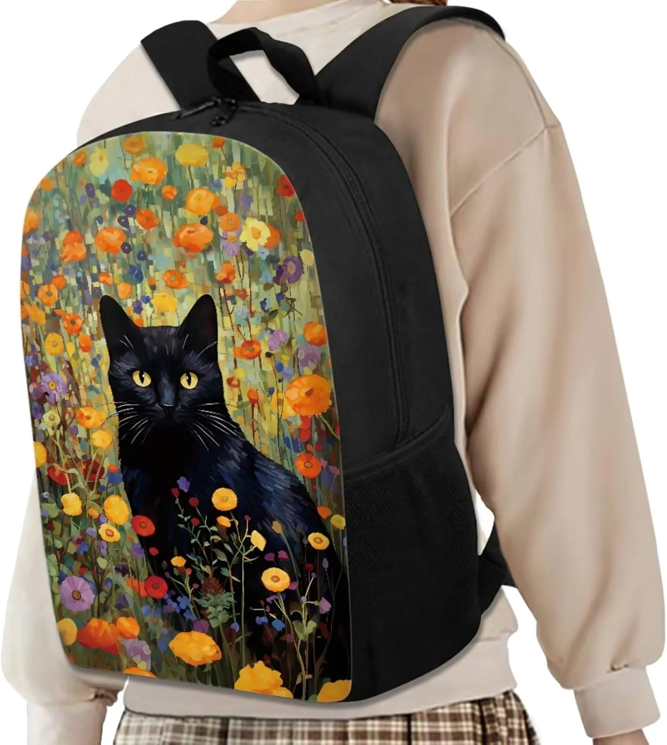 Black Cat Little Girl Backpacks Ages 5-7 Student Bookbag for Boys 4 Piece Student School Backpack and Lunch Box Set with Pencil Case Keychain Can Be Used in All Kinds of Occasion