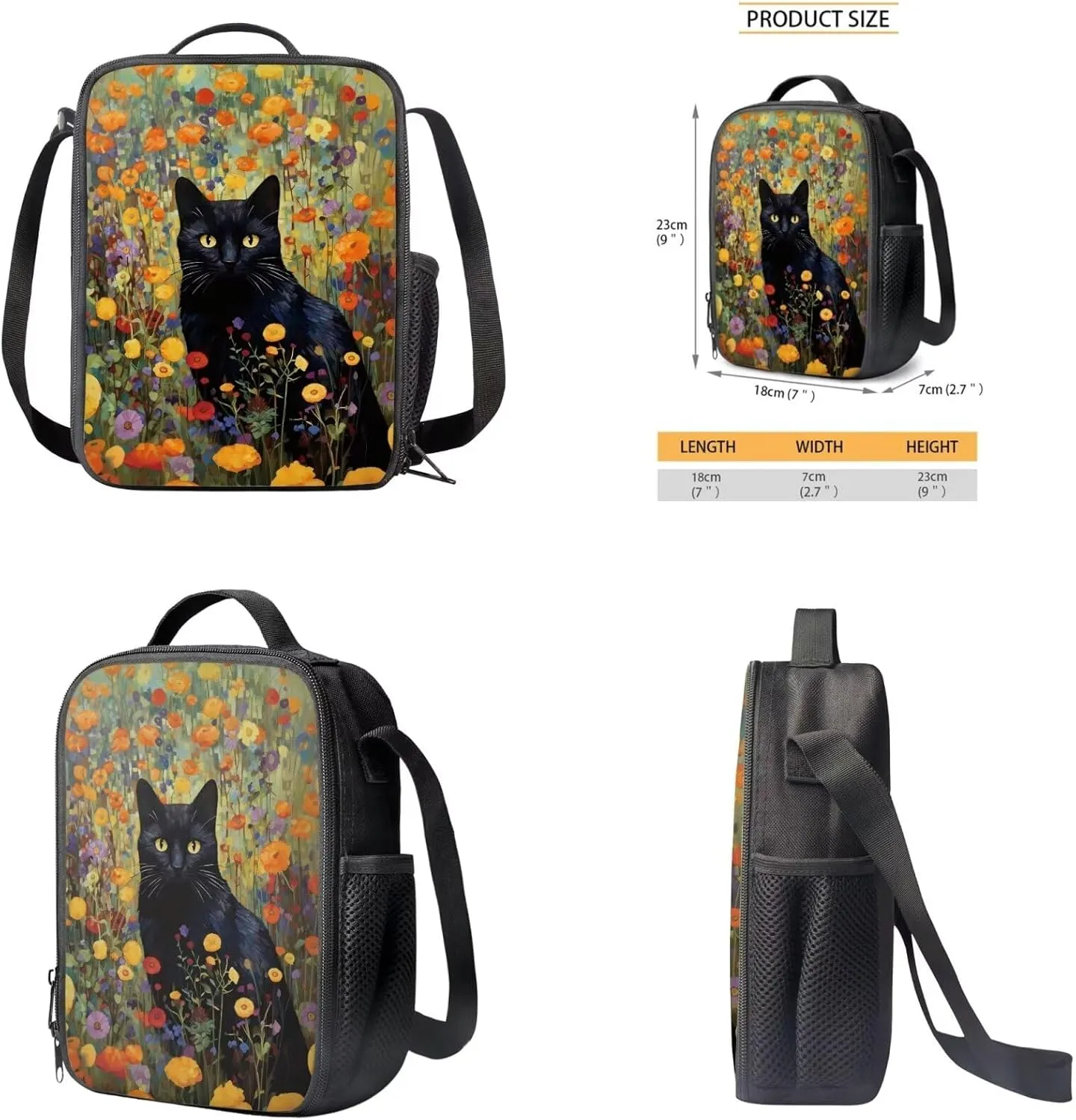 Black Cat Little Girl Backpacks Ages 5-7 Student Bookbag for Boys 4 Piece Student School Backpack and Lunch Box Set with Pencil Case Keychain Can Be Used in All Kinds of Occasion