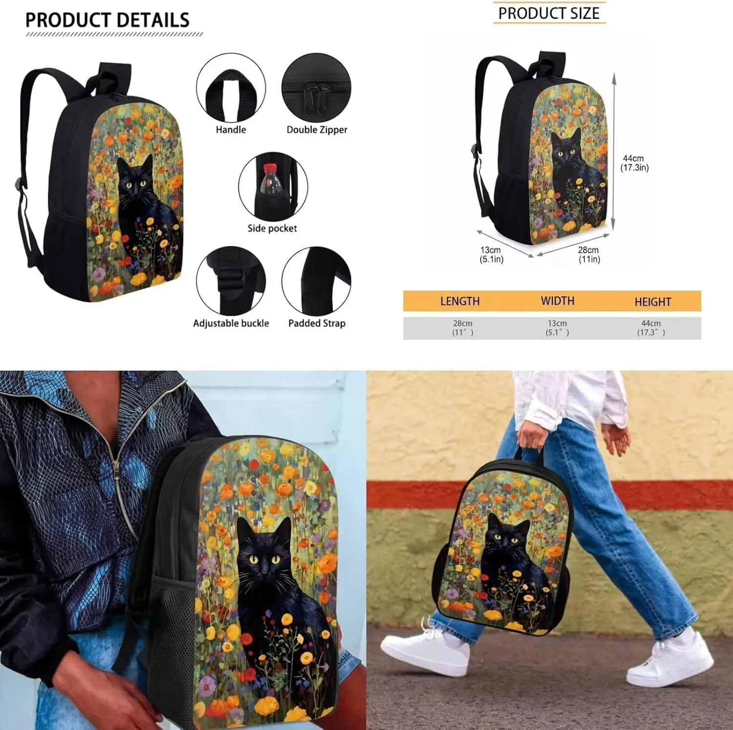 Black Cat Little Girl Backpacks Ages 5-7 Student Bookbag for Boys 4 Piece Student School Backpack and Lunch Box Set with Pencil Case Keychain Can Be Used in All Kinds of Occasion