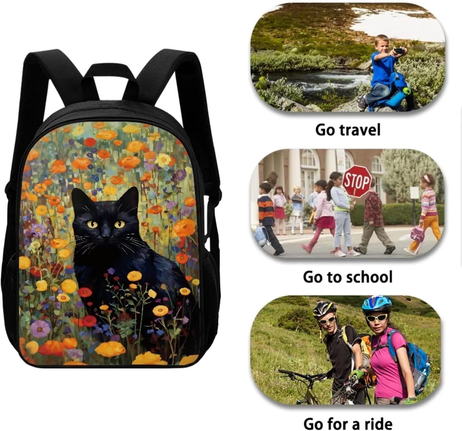 Black Cat Little Girl Backpacks Ages 5-7 Student Bookbag for Boys 4 Piece Student School Backpack and Lunch Box Set with Pencil Case Keychain Can Be Used in All Kinds of Occasion
