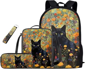 Black Cat Little Girl Backpacks Ages 5-7 Student Bookbag for Boys 4 Piece Student School Backpack and Lunch Box Set with Pencil Case Keychain Can Be Used in All Kinds of Occasion