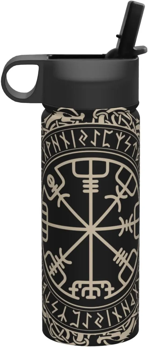 Black Celtic Viking Design Magical Runic Compass Vegvisir In The Circle Of Norse Runes And Dragons Tattoo Decorative Water Bottles Stainless Steel 18oz Outdoor Sports Insulated Kettle