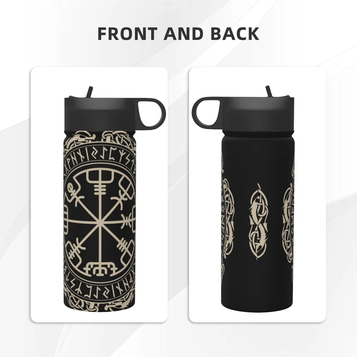 Black Celtic Viking Design Magical Runic Compass Vegvisir In The Circle Of Norse Runes And Dragons Tattoo Decorative Water Bottles Stainless Steel 18oz Outdoor Sports Insulated Kettle