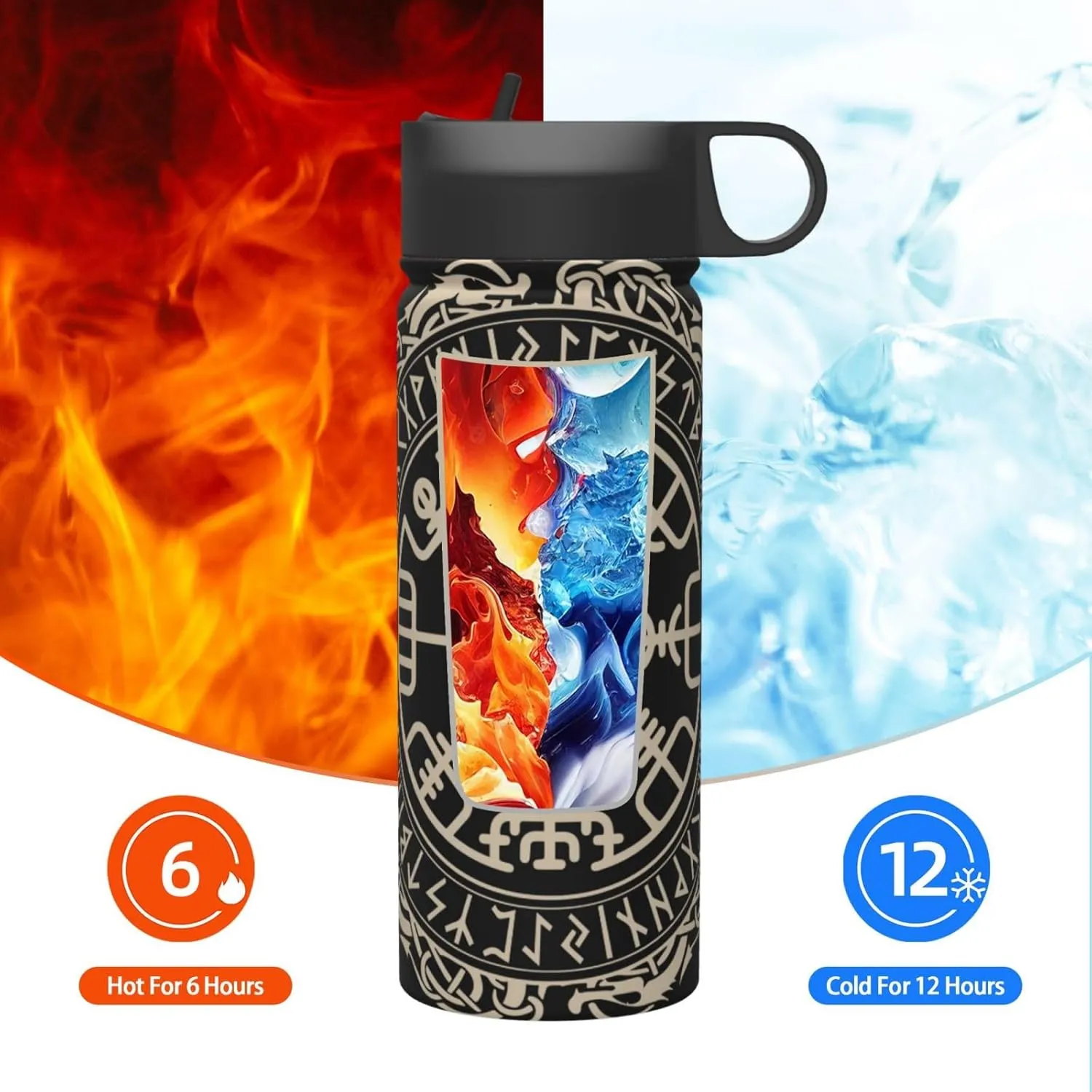 Black Celtic Viking Design Magical Runic Compass Vegvisir In The Circle Of Norse Runes And Dragons Tattoo Decorative Water Bottles Stainless Steel 18oz Outdoor Sports Insulated Kettle