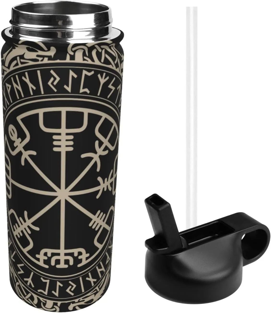 Black Celtic Viking Design Magical Runic Compass Vegvisir In The Circle Of Norse Runes And Dragons Tattoo Decorative Water Bottles Stainless Steel 18oz Outdoor Sports Insulated Kettle