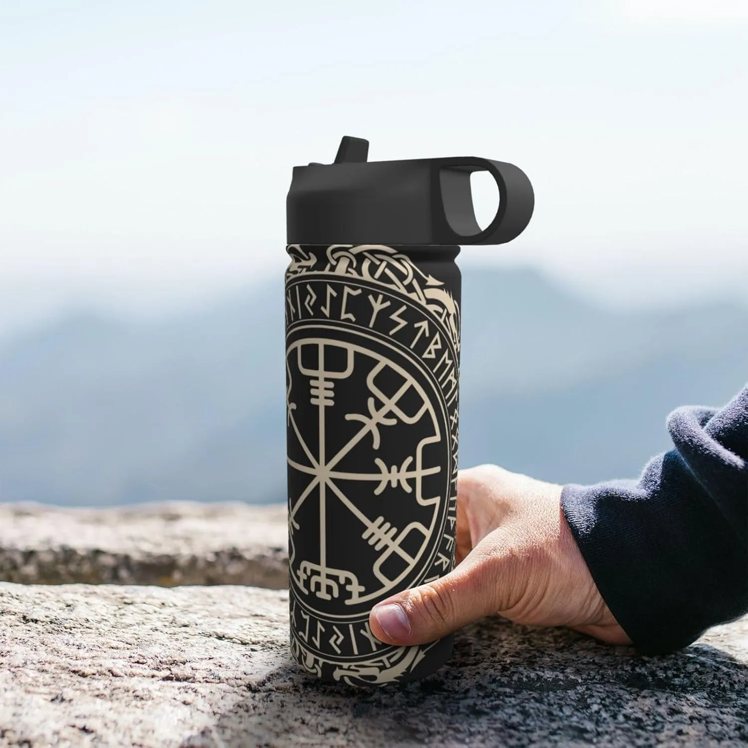 Black Celtic Viking Design Magical Runic Compass Vegvisir In The Circle Of Norse Runes And Dragons Tattoo Decorative Water Bottles Stainless Steel 18oz Outdoor Sports Insulated Kettle