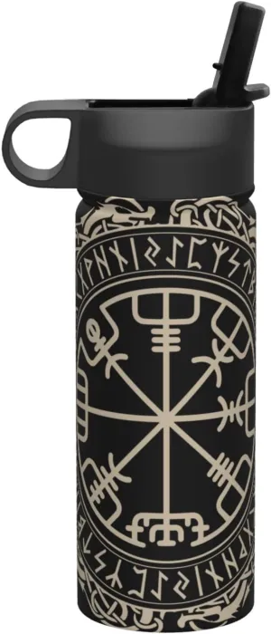 Black Celtic Viking Design Magical Runic Compass Vegvisir In The Circle Of Norse Runes And Dragons Tattoo Decorative Water Bottles Stainless Steel 18oz Outdoor Sports Insulated Kettle