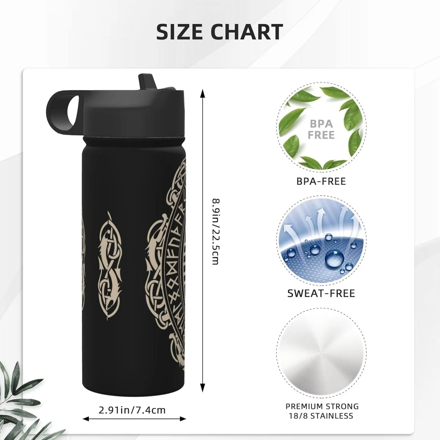 Black Celtic Viking Design Magical Runic Compass Vegvisir In The Circle Of Norse Runes And Dragons Tattoo Decorative Water Bottles Stainless Steel 18oz Outdoor Sports Insulated Kettle