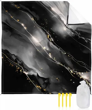 Black Grey Gradient Marble Beach Blanket, Modern Ink Sparkle Gold Sandproof Waterproof Outdoor Mat Quick Drying Beach Accessories for Vacation Holiday Picnic Camping, 79"x83" for 1-4 Adults