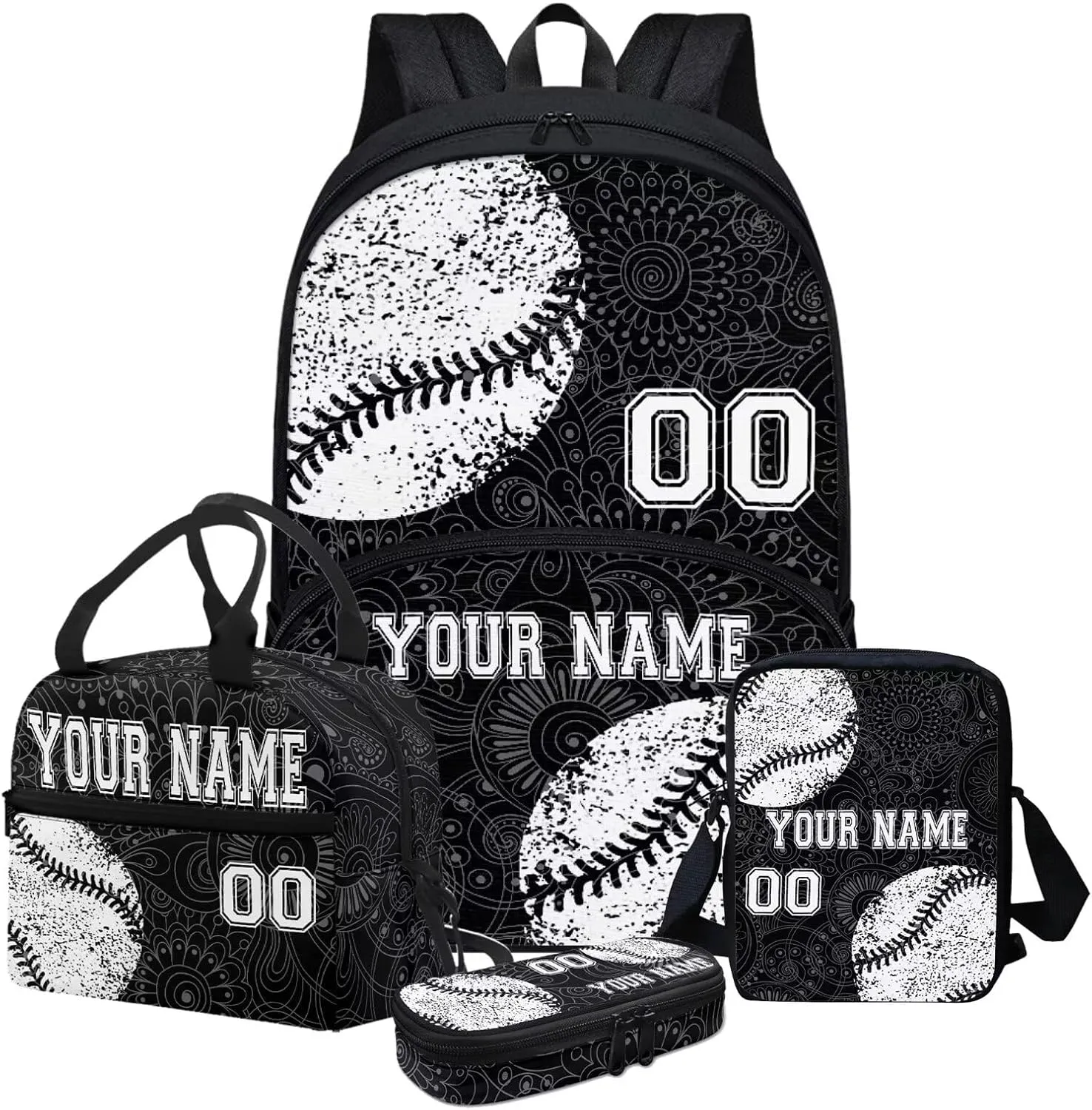 Black White Baseball Boho Priht Student Backpack Set of 4, Personalized Custom Laptop Bookbags Lunch Crossbody Bag Daypack Knapsack Aesthetic Pencil Case for Women Men Adults College
