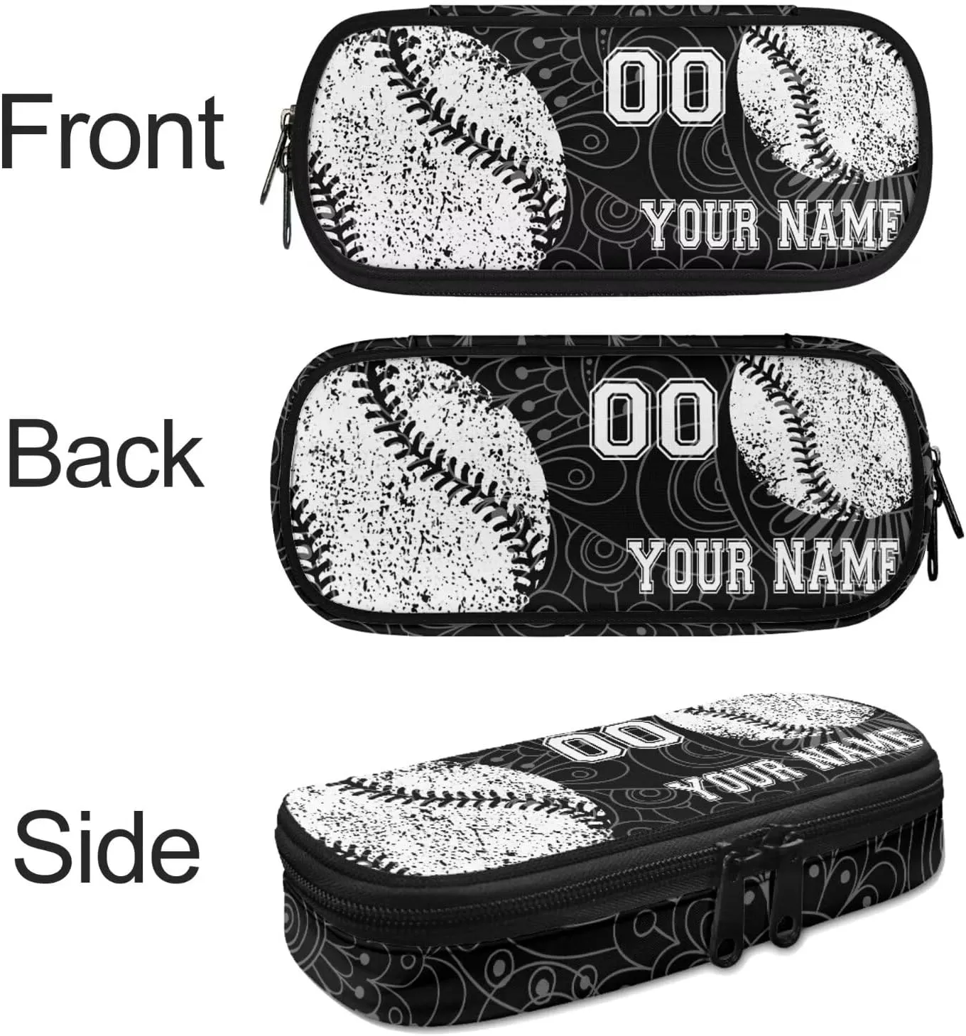 Black White Baseball Boho Priht Student Backpack Set of 4, Personalized Custom Laptop Bookbags Lunch Crossbody Bag Daypack Knapsack Aesthetic Pencil Case for Women Men Adults College