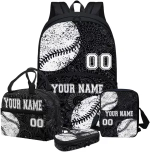Black White Baseball Boho Priht Student Backpack Set of 4, Personalized Custom Laptop Bookbags Lunch Crossbody Bag Daypack Knapsack Aesthetic Pencil Case for Women Men Adults College