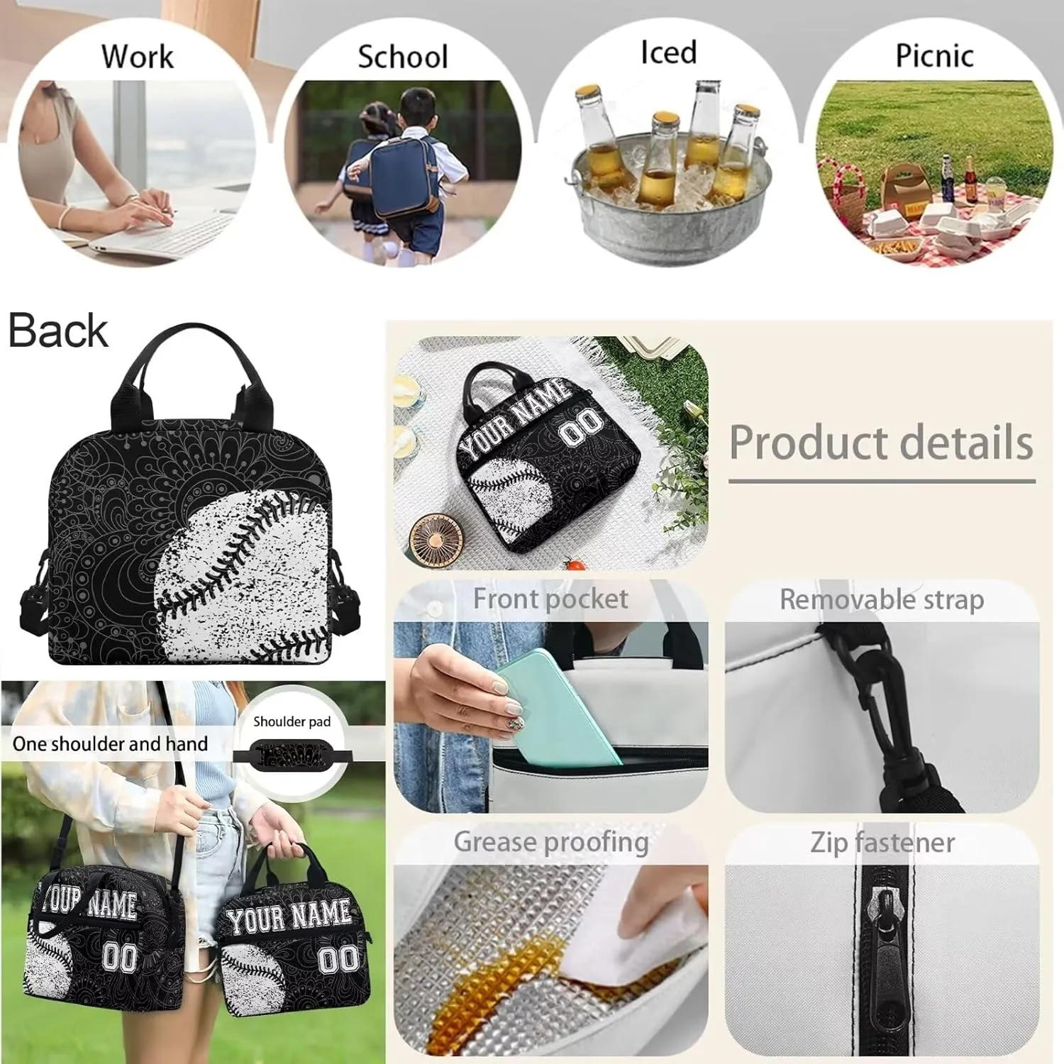 Black White Baseball Boho Priht Student Backpack Set of 4, Personalized Custom Laptop Bookbags Lunch Crossbody Bag Daypack Knapsack Aesthetic Pencil Case for Women Men Adults College