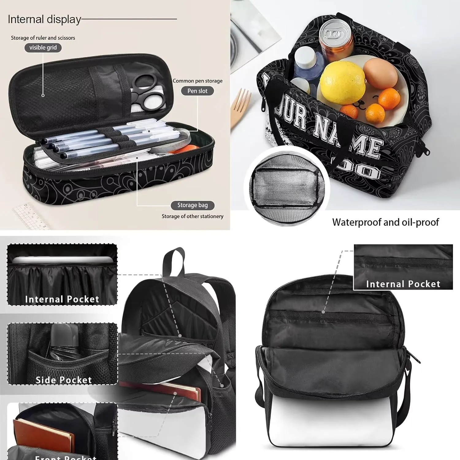 Black White Baseball Boho Priht Student Backpack Set of 4, Personalized Custom Laptop Bookbags Lunch Crossbody Bag Daypack Knapsack Aesthetic Pencil Case for Women Men Adults College