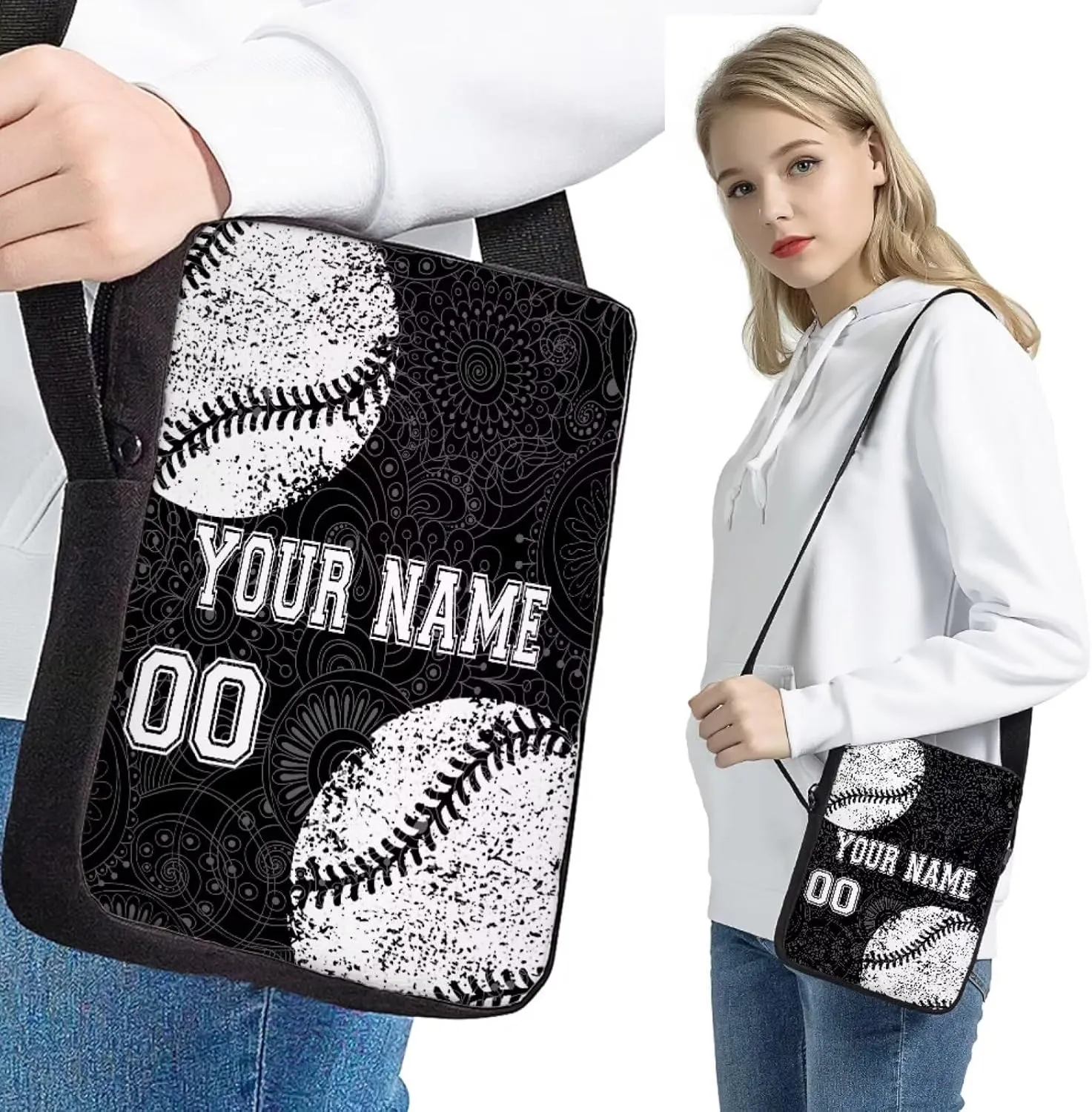 Black White Baseball Boho Priht Student Backpack Set of 4, Personalized Custom Laptop Bookbags Lunch Crossbody Bag Daypack Knapsack Aesthetic Pencil Case for Women Men Adults College