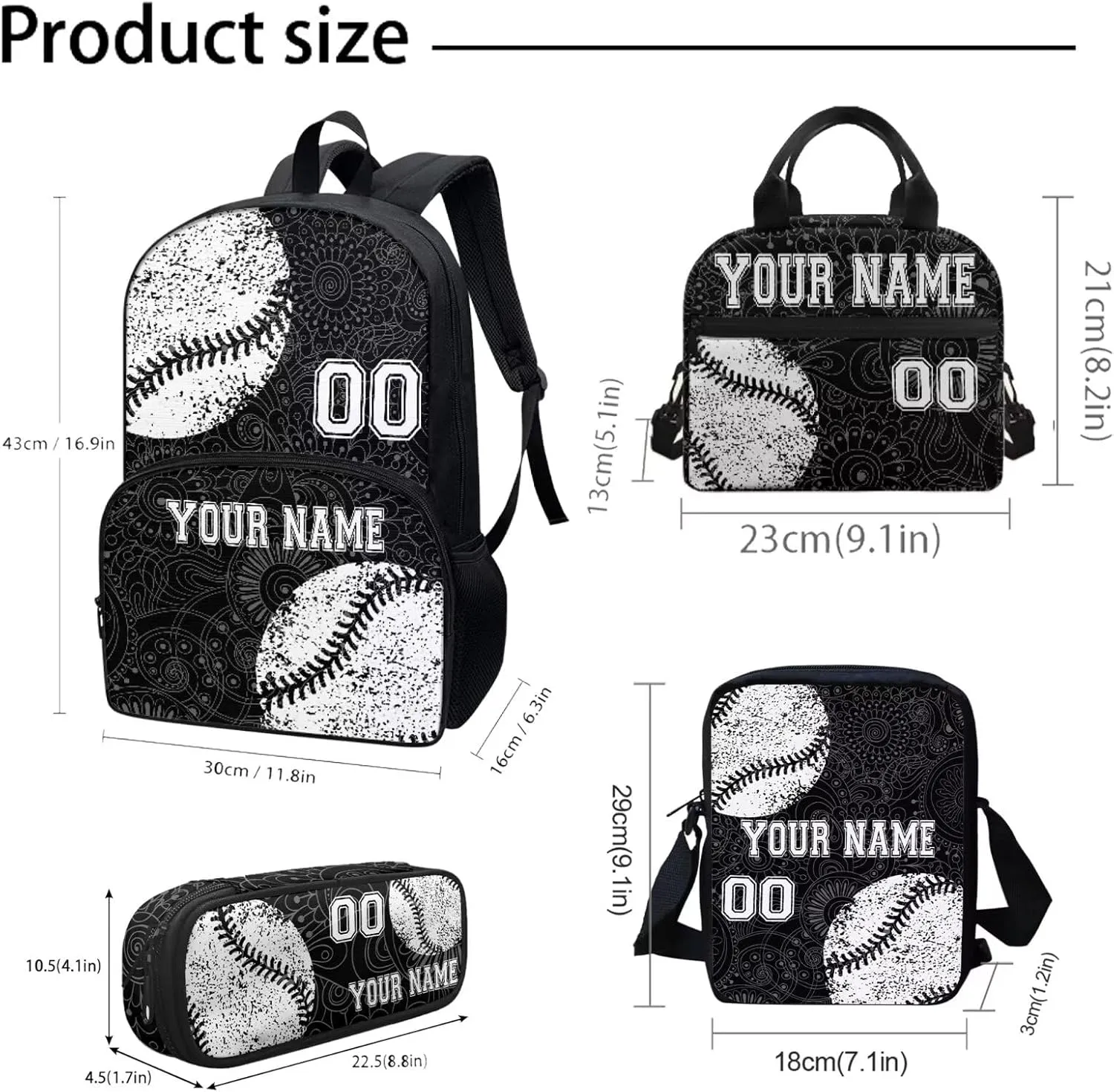 Black White Baseball Boho Priht Student Backpack Set of 4, Personalized Custom Laptop Bookbags Lunch Crossbody Bag Daypack Knapsack Aesthetic Pencil Case for Women Men Adults College