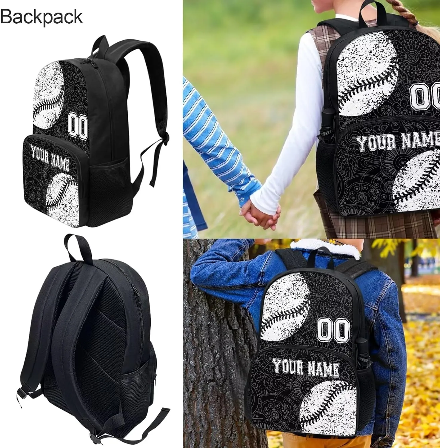 Black White Baseball Boho Priht Student Backpack Set of 4, Personalized Custom Laptop Bookbags Lunch Crossbody Bag Daypack Knapsack Aesthetic Pencil Case for Women Men Adults College