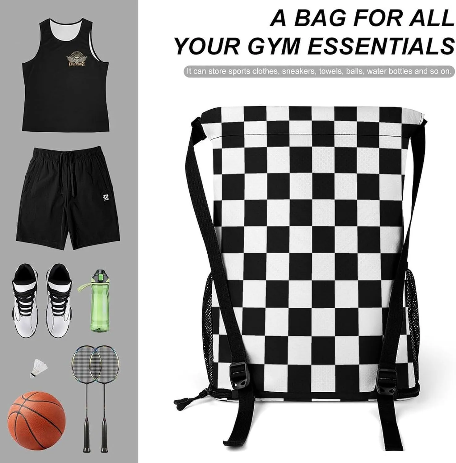 Black White Checkered Sports Bundle Pocket with Dry Wet Separation Unisex