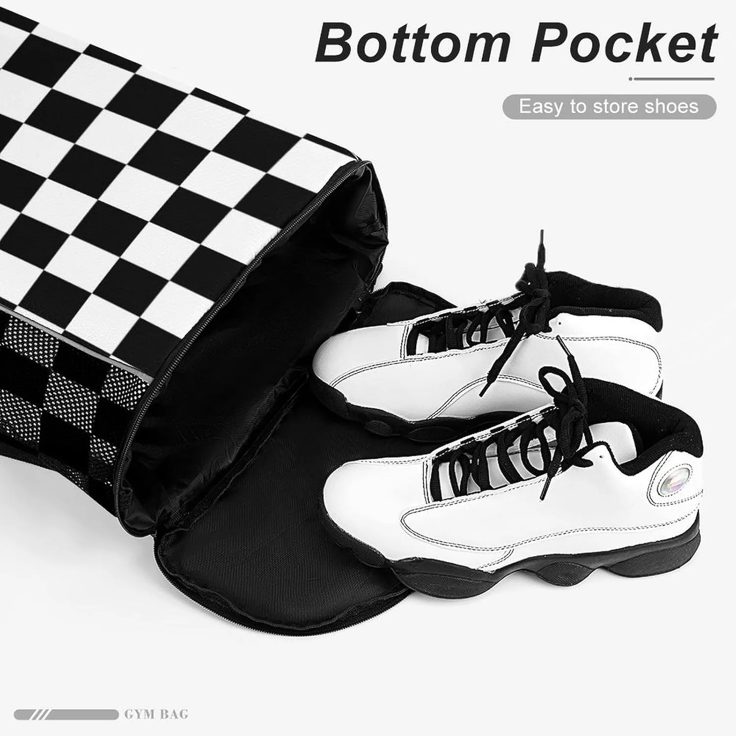 Black White Checkered Sports Bundle Pocket with Dry Wet Separation Unisex
