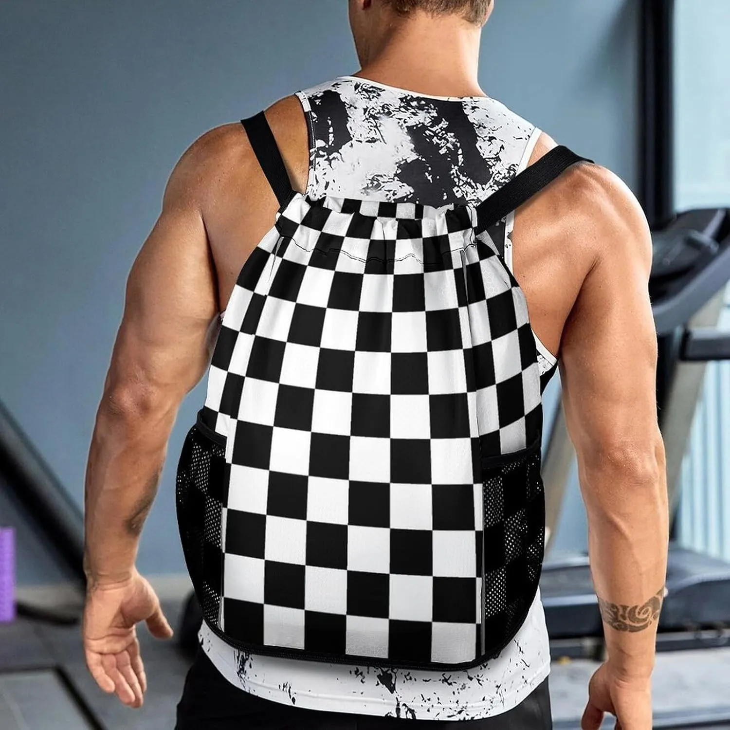 Black White Checkered Sports Bundle Pocket with Dry Wet Separation Unisex