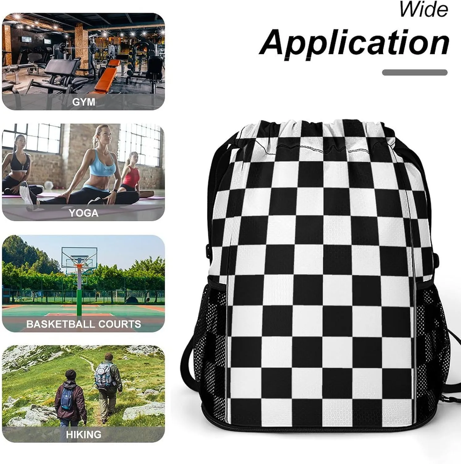 Black White Checkered Sports Bundle Pocket with Dry Wet Separation Unisex