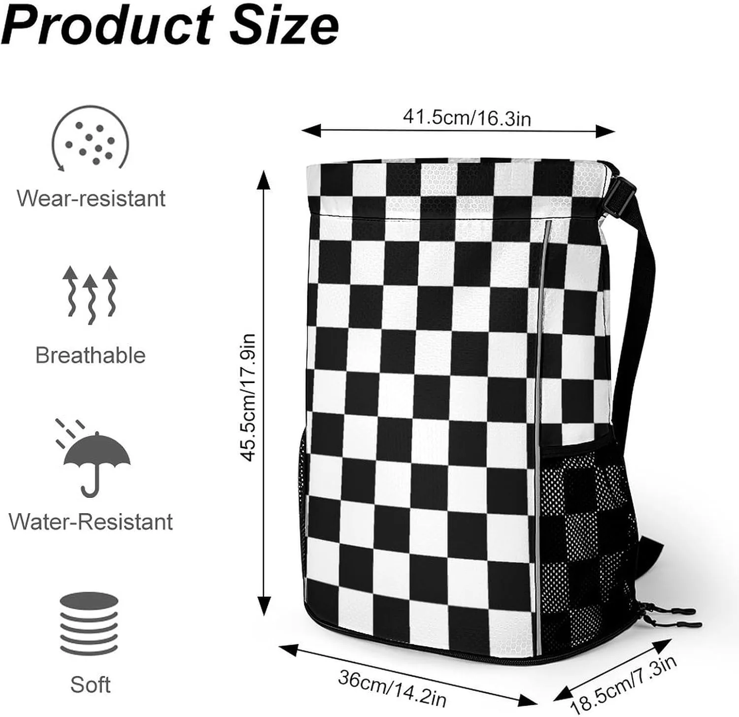 Black White Checkered Sports Bundle Pocket with Dry Wet Separation Unisex