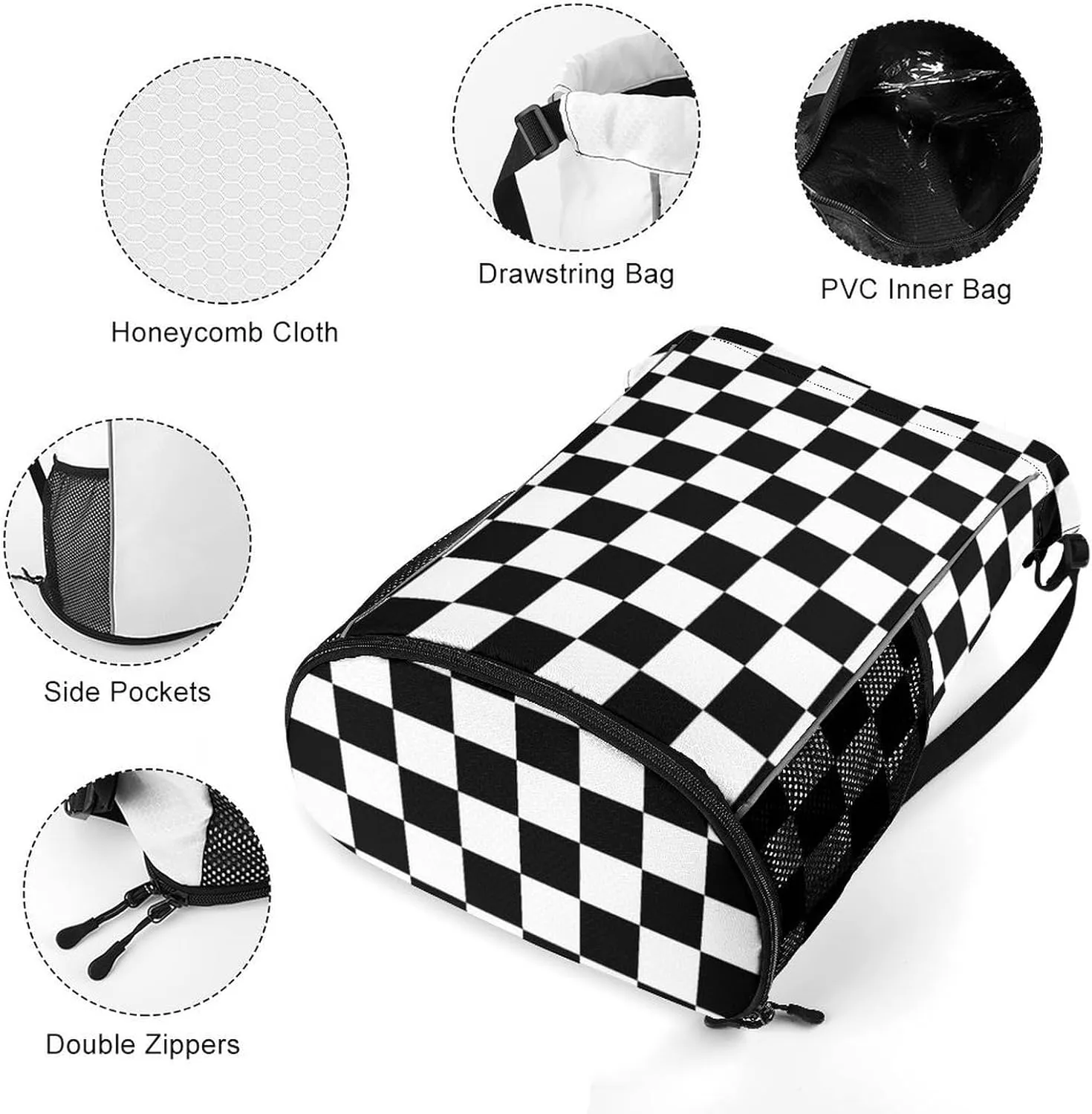 Black White Checkered Sports Bundle Pocket with Dry Wet Separation Unisex
