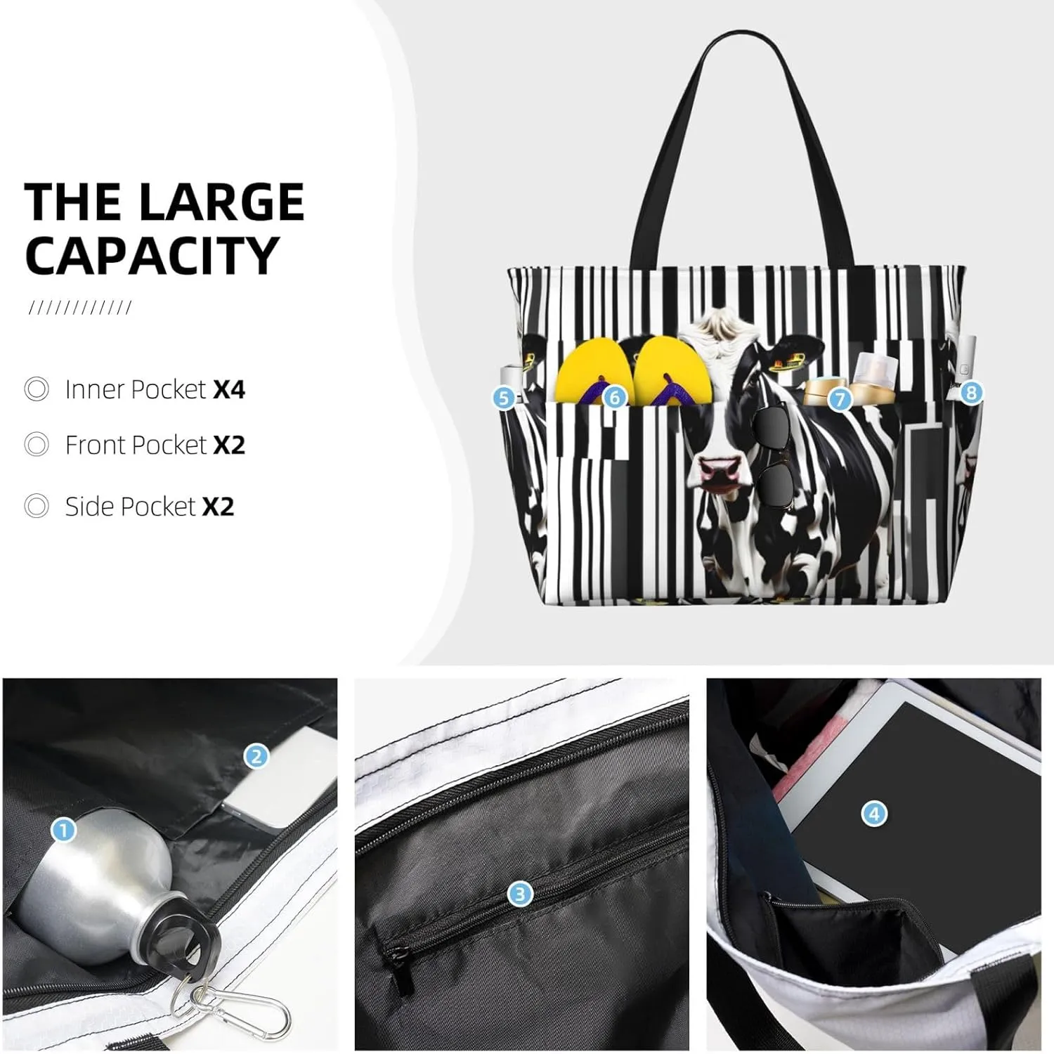 Black White Milk Cow Large Capacity Foldable Tote Bag Women Beach Tote Bag Handbag Gym Bag Travel Shopping Bag