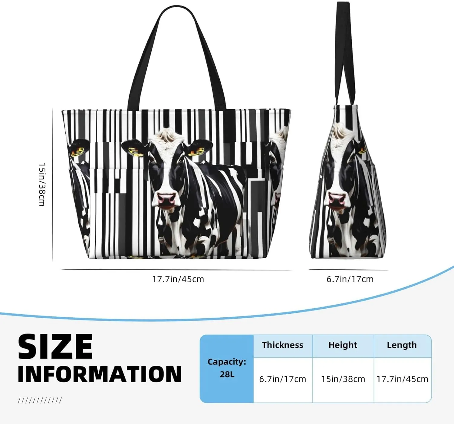 Black White Milk Cow Large Capacity Foldable Tote Bag Women Beach Tote Bag Handbag Gym Bag Travel Shopping Bag