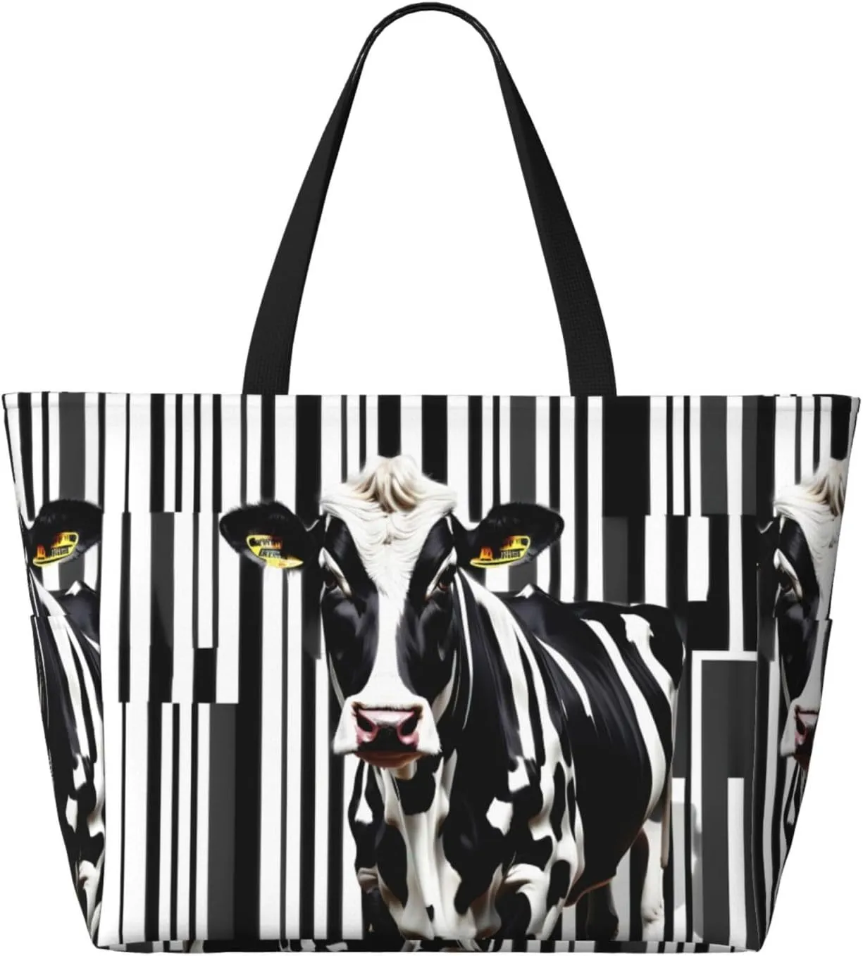 Black White Milk Cow Large Capacity Foldable Tote Bag Women Beach Tote Bag Handbag Gym Bag Travel Shopping Bag