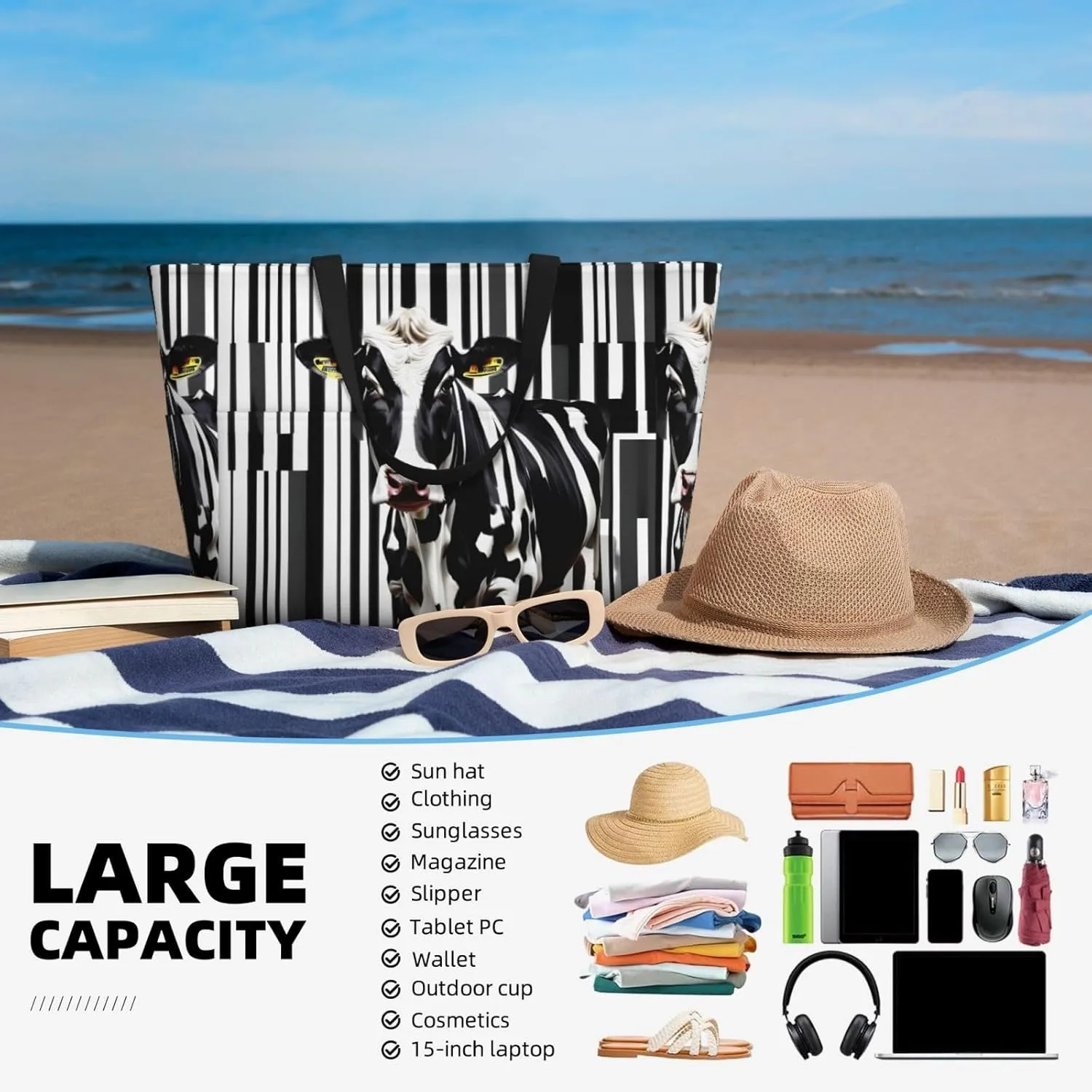 Black White Milk Cow Large Capacity Foldable Tote Bag Women Beach Tote Bag Handbag Gym Bag Travel Shopping Bag
