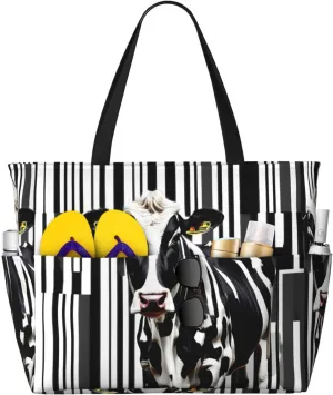 Black White Milk Cow Large Capacity Foldable Tote Bag Women Beach Tote Bag Handbag Gym Bag Travel Shopping Bag