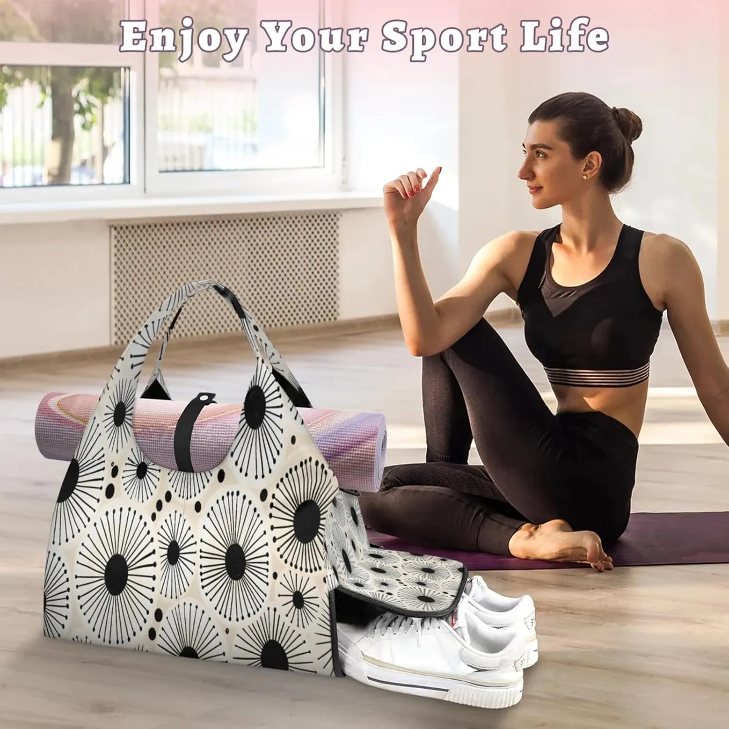 Black White Sunburst Waterproof Gym Bag for Men Women, Sports Duffel Bag with Shoe Compartment Yoga Mat Holder, Portable Large Travel Bag for Fitness, Camping, Weekend Trips